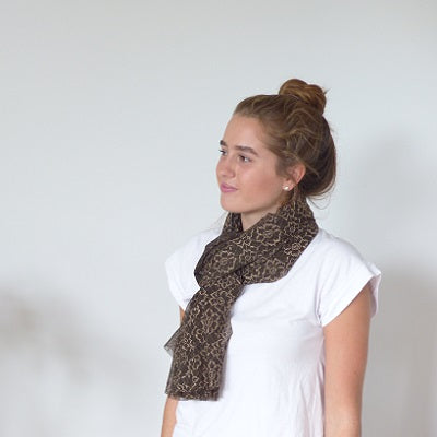 Woman wearing CHANTY stretchy lace fabric scarf