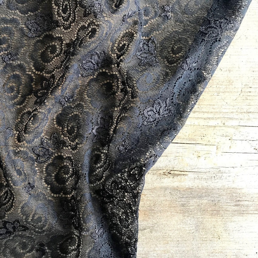 Width 140 cm, TYPE : Elastic, Spitzenstoff, Allover, Cotton, Green Line, COLOR : Black / Schwarz